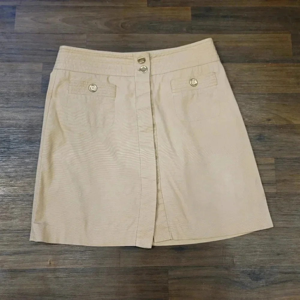 Talbots Women's Beige Tan Cotton Pockets Button A Line Skirt Petite 8 8P